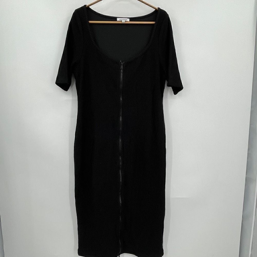 Good American Black Dramatic Zip Ribbed Bodycon Knit Midi Dress Size 5